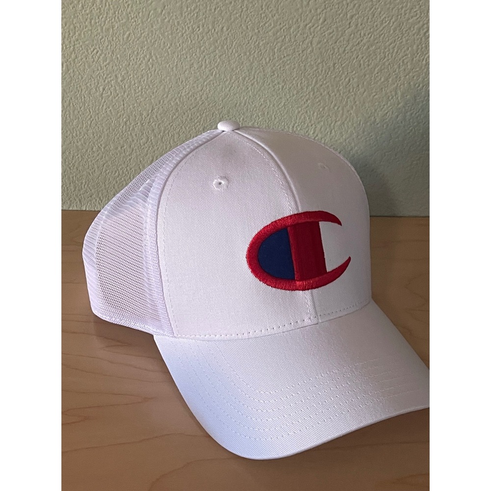 Champion SnapBack Men's Adjustable White Mesh Trucker Hat Red Blue Logo New